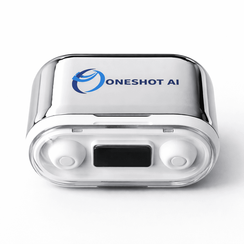 OneShot AI earbuds and charging case