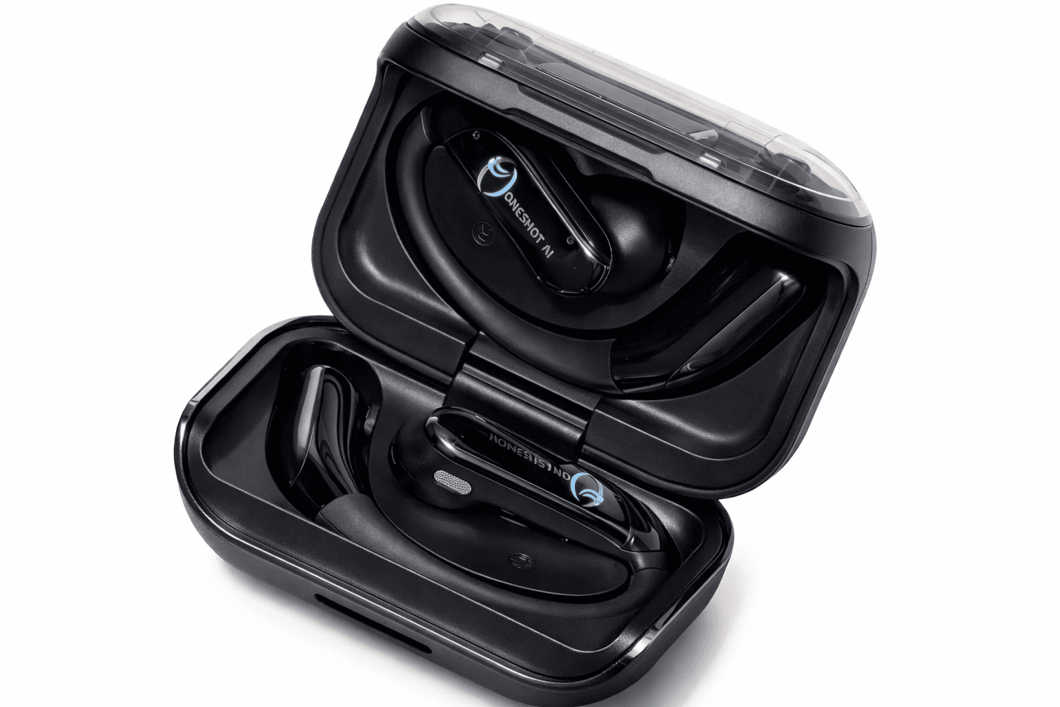 OneShot AI black earbuds in open charging case
